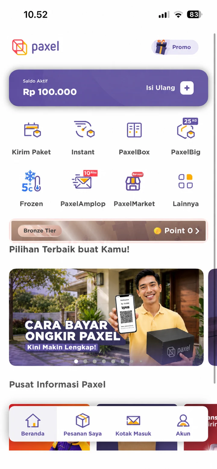 Tampilan beranda aplikasi Paxel